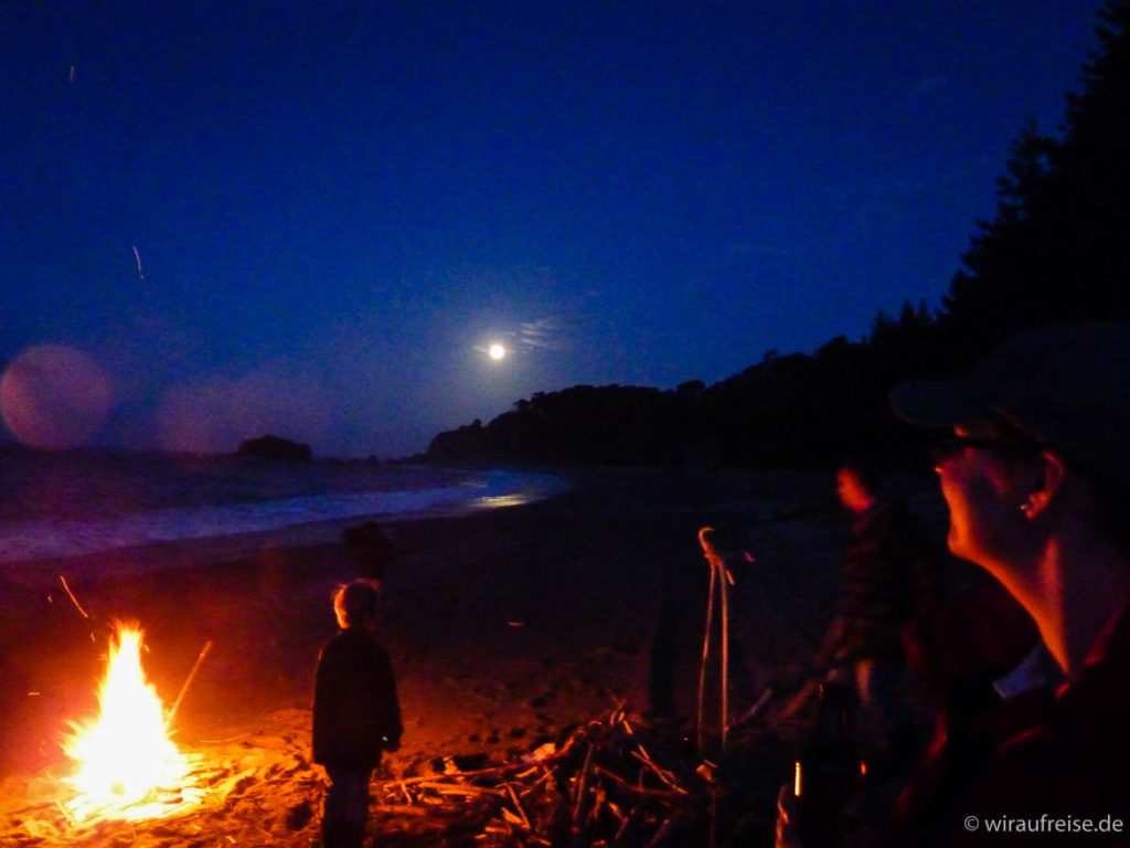 Silvester am Strand mit Lagerfeuer, Vollmond und Flut Neuseeland Lake Moeraki